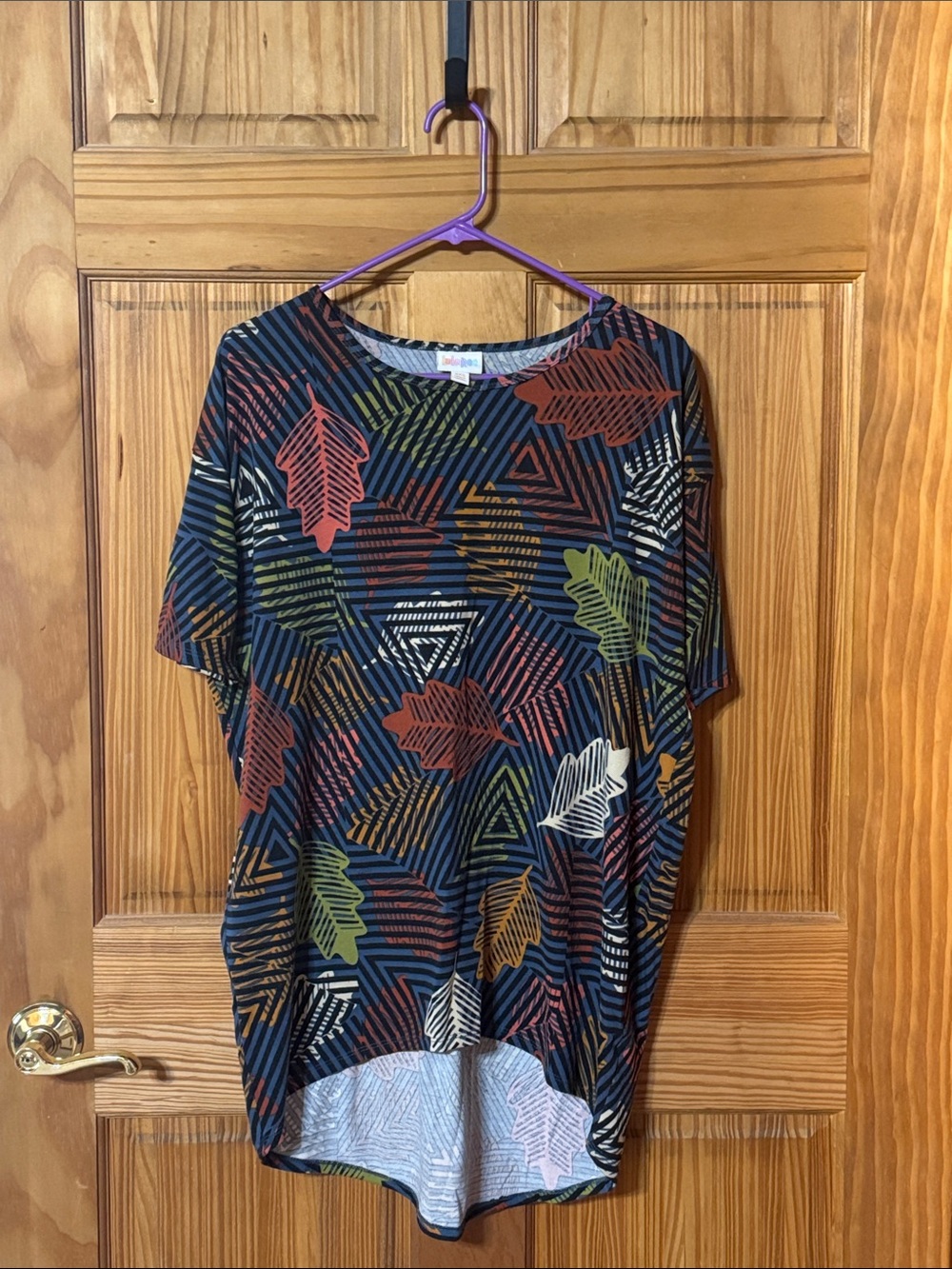 LuLaRoe Navy Tunic with Multicolor Leaf & Geometric Print